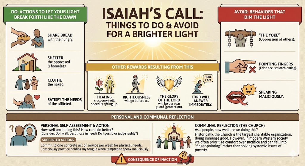 Infographic titled 'Isaiah's Call: Things to Do and Avoid for a Brighter Light' outlining actions to support the needy and behaviors to avoid.