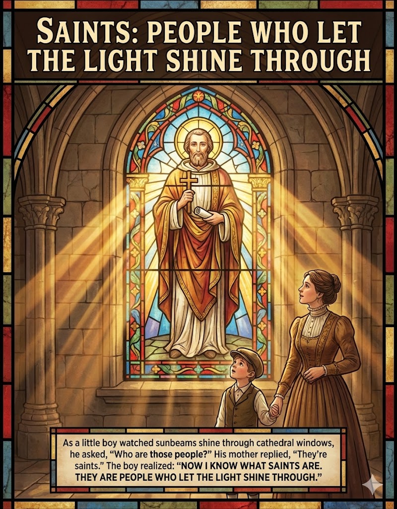 An illustration of a stained glass window depicting a figure representing a saint, surrounded by beams of light. A mother and child stand in front of the window, with the child pointing and asking about the figures. The text above them reads, "Saints: people who let the light shine through."