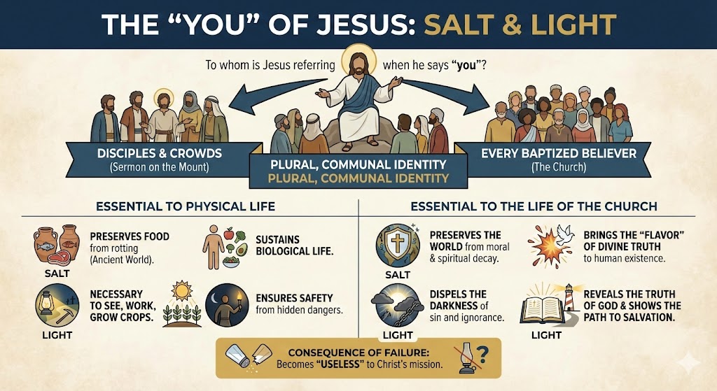 Infographic explaining the concept of 'You' of Jesus as 'Salt and Light', highlighting its significance to disciples and the church, contrasting physical life essentials with church life essentials.