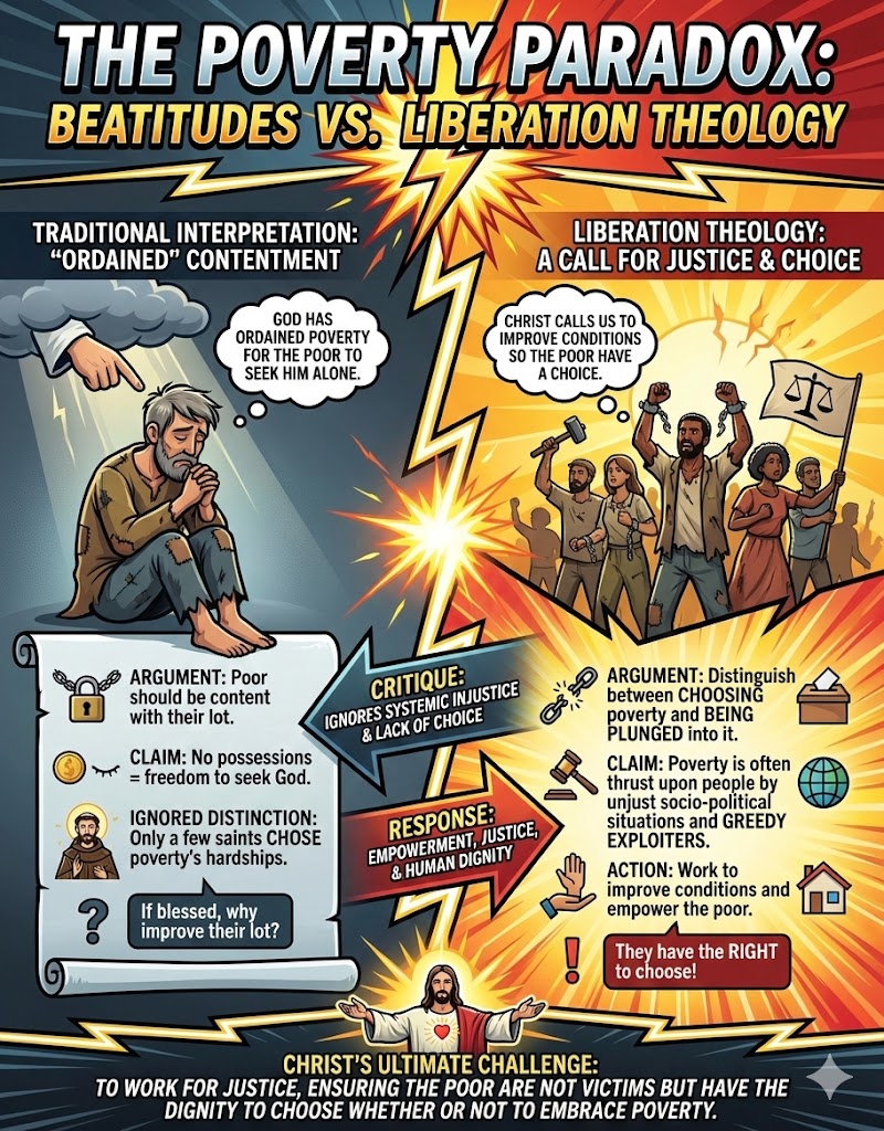 An infographic comparing traditional interpretations of the Beatitudes with liberation theology, discussing the concepts of poverty, justice, choice, and empowerment.
