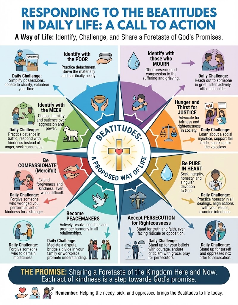Infographic titled 'Responding to the Beatitudes in Daily Life: A Call to Action', outlining actions and daily challenges related to the Beatitudes, including themes of compassion, justice, and peacemaking.