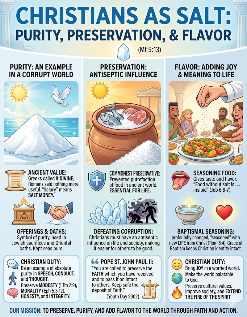 Infographic titled 'Christians as Salt: Purity, Preservation, & Flavor' highlighting the spiritual roles of Christians based on Matthew 5:13. Sections include 'Purity: An Example in a Corrupt World', 'Preservation: Antiseptic Influence', and 'Flavor: Adding Joy & Meaning to Life'. Illustrations depict concepts of purity, preservation with salt, and community sharing food. Text includes quotes from Pope St. John Paul II and outlines Christian duties.