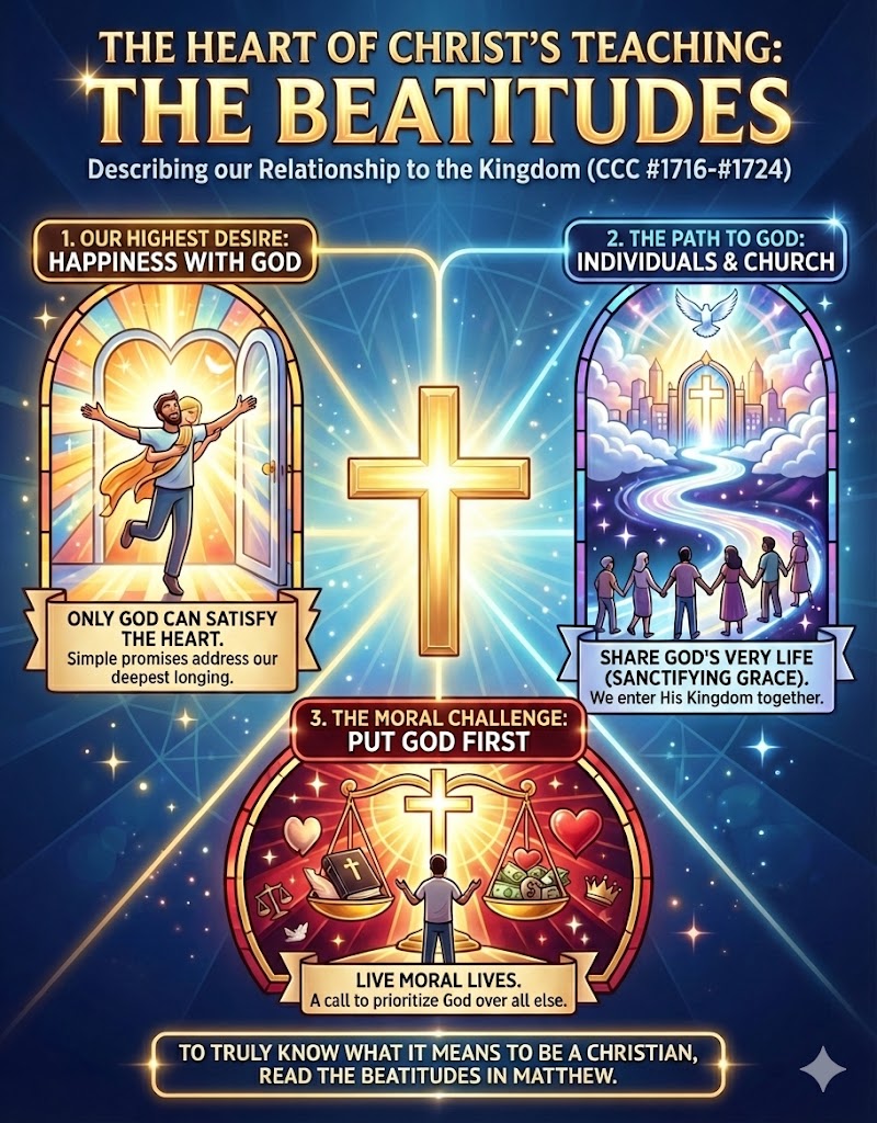 Illustration depicting the Beatitudes, emphasizing our relationship with God. Features three main sections: 'Happiness with God' with a figure exiting a door towards a cross, 'The Path to God' with individuals and a church, and 'Put God First' highlighting moral living. Text also encourages reading the Beatitudes in Matthew.