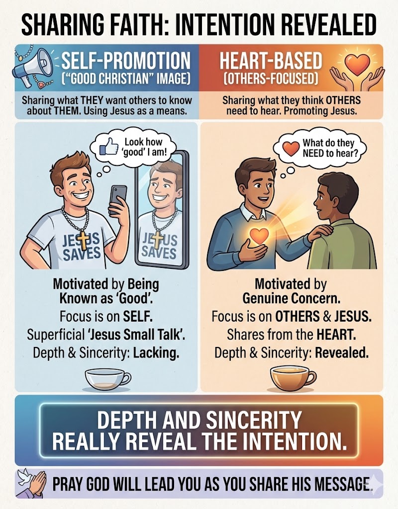 Infographic comparing self-promotion in sharing faith versus heart-based sharing, emphasizing intention and sincerity.