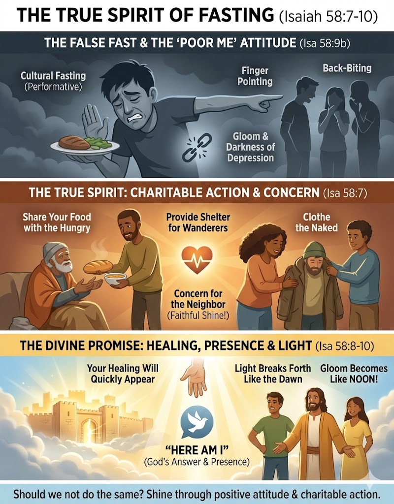 Infographic illustrating the true spirit of fasting according to Isaiah 58:7-10, contrasting false fasting attitudes with charitable actions and concerns for others.