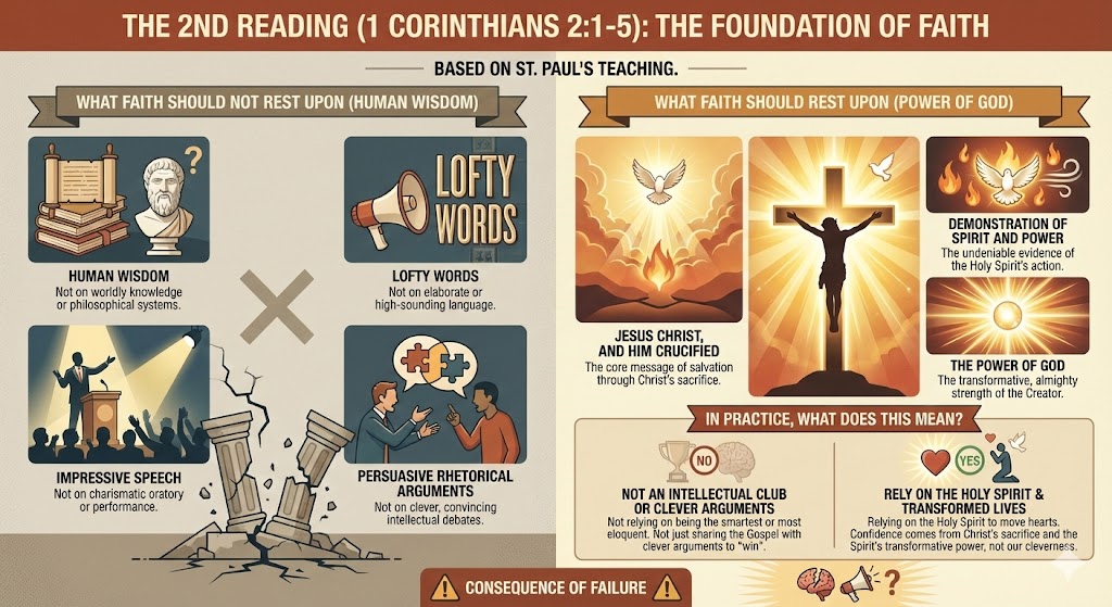 Infographic illustrating the foundation of faith based on St. Paul's teaching from 1 Corinthians 2:1-5, contrasting human wisdom and rhetorical skills against the power of God and faith in Jesus Christ.