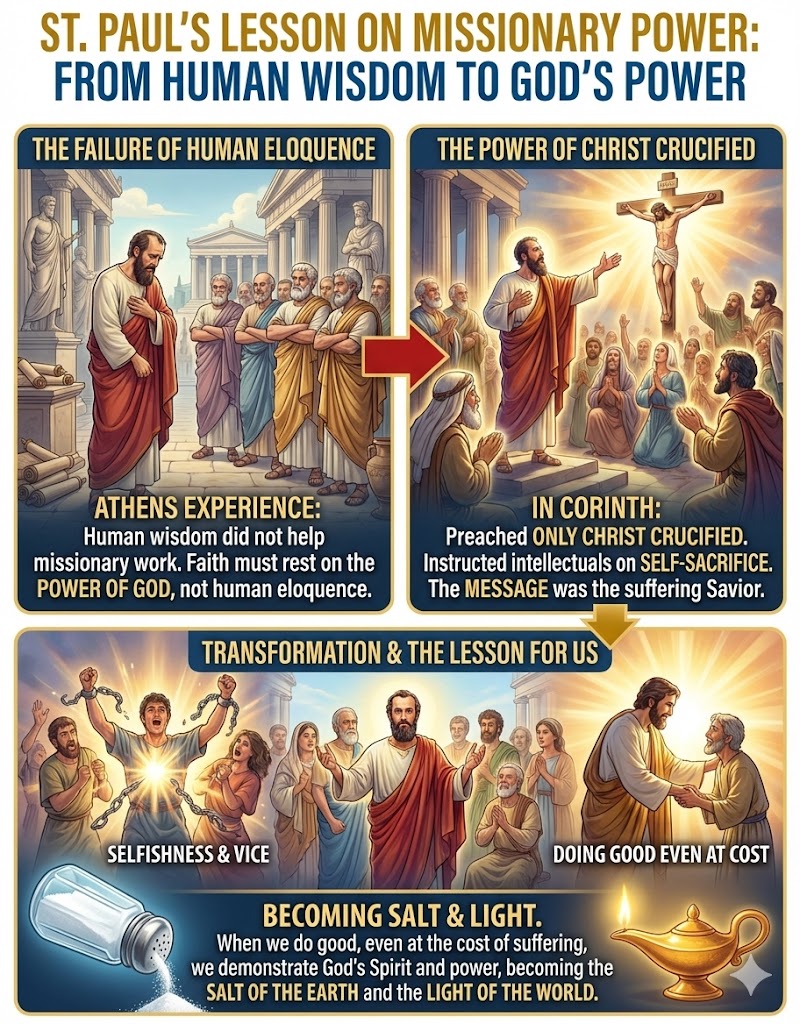 Infographic illustrating St. Paul's lesson on missionary power, contrasting human wisdom with God's power.