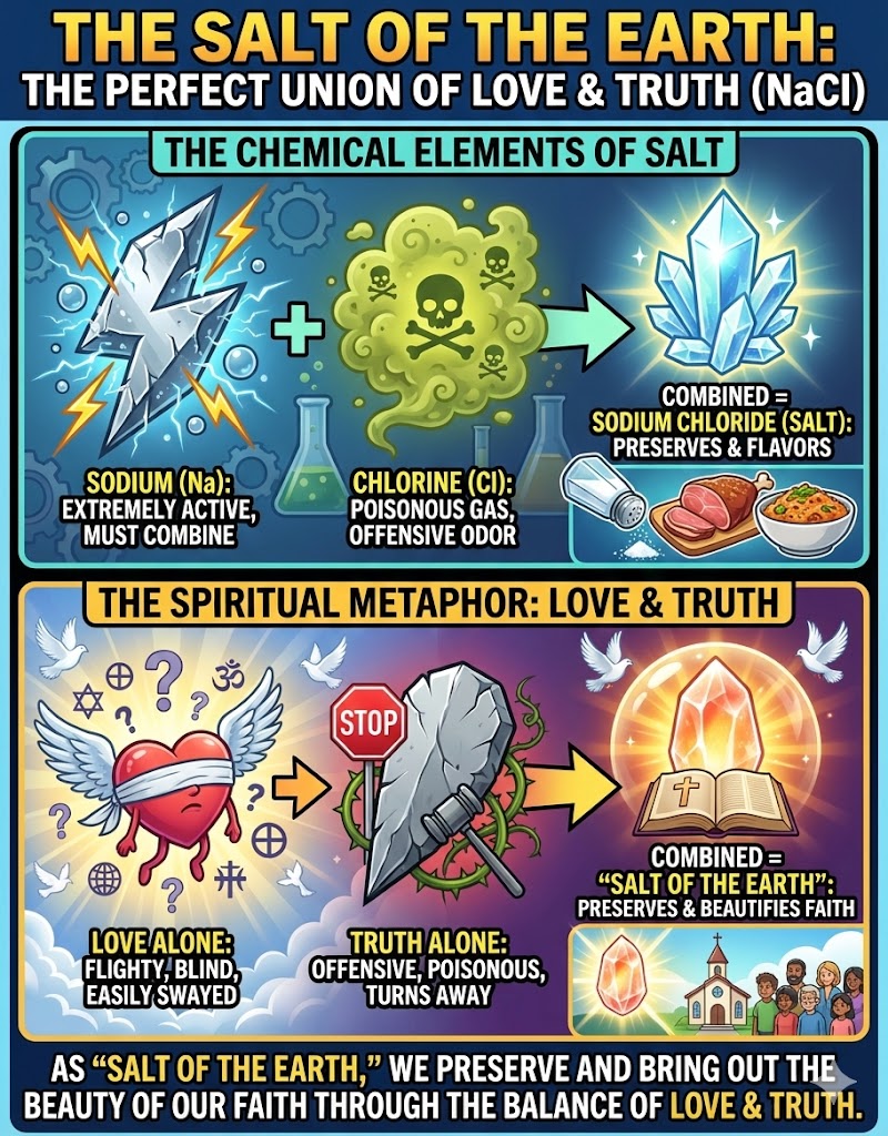 Infographic illustrating the chemical composition of salt (sodium and chlorine) and its metaphorical representation of love and truth, promoting the concept of balance for preserving faith.
