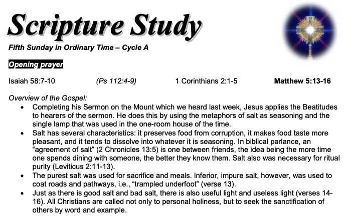 A scripture study note for the Fifth Sunday in Ordinary Time - Cycle A, featuring opening prayers from Isaiah 58:7-10, references to Psalms and Corinthians, and an overview discussing the metaphors of salt and its significance in Christian teaching.