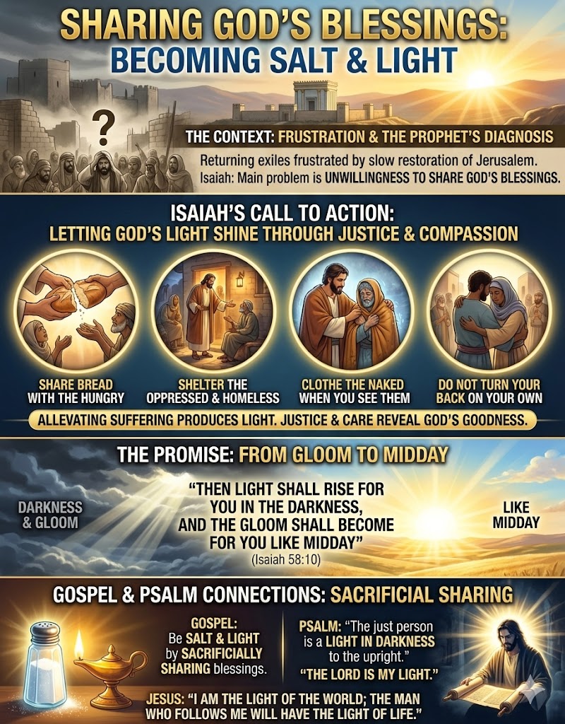 Infographic discussing Isaiah's call to action on justice and compassion, emphasizing the importance of sharing blessings and alleviating suffering.