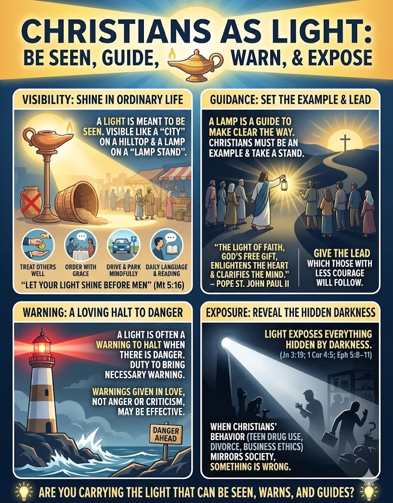 An infographic titled 'Christians as Light: Be Seen, Guide, Warn, & Expose' discussing the role of Christians as a guiding light in society. It features sections on Visibility, Guidance, Warning, and Exposure, illustrated with imagery such as lamps, lighthouses, and groups of people. Each section highlights key biblical principles and quotes related to the light Christians are meant to share.