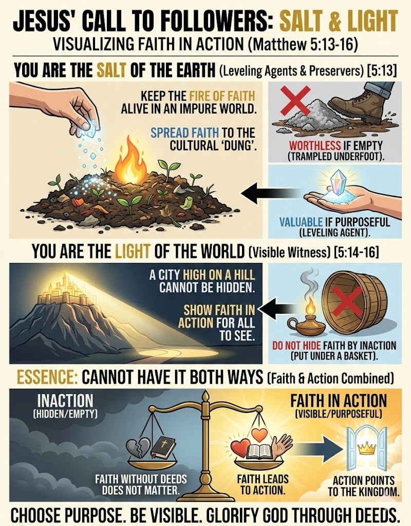 Infographic illustrating the biblical concept of 'Salt and Light' as described in Matthew 5:13-16, emphasizing the roles of faith in action, being the salt of the earth, and the light of the world.