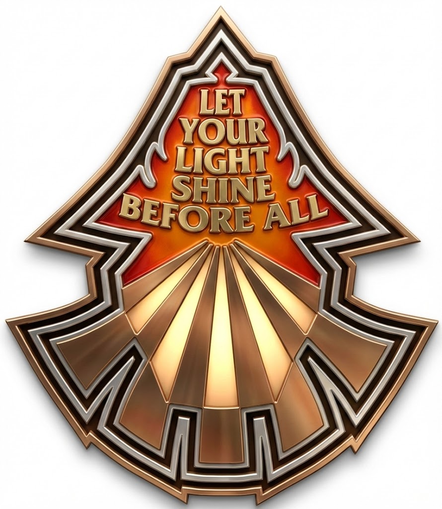 A decorative emblem with the text 'LET YOUR LIGHT SHINE BEFORE ALL' prominently displayed in gold against a fiery background, shaped like a stylized arrowhead.