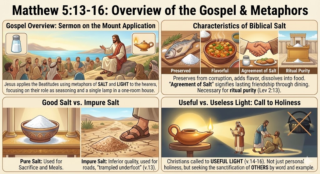 Illustration summarizing Matthew 5:13-16, featuring themes of salt and light as metaphors in the Sermon on the Mount.