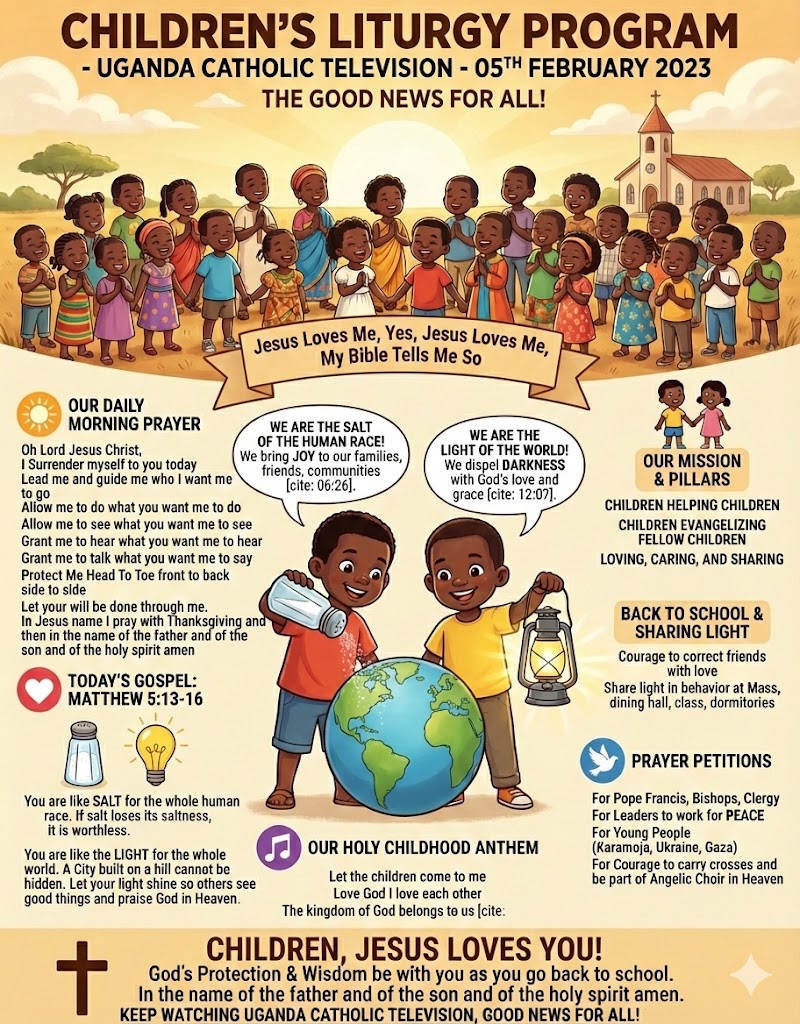 Illustration for Children's Liturgy Program featuring diverse children smiling and engaging with one another outdoors, emphasizing themes of community, faith, and learning. Text elements include 'Jesus Loves Me,' prayers, and mission statements.