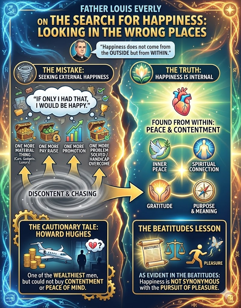 An infographic titled 'Father Louis Everly on the Search for Happiness: Looking in the Wrong Places,' depicting the difference between seeking external happiness and recognizing that true happiness is internal. It includes quotes, illustrations of desires, and lessons derived from the Beatitudes, emphasizing peace, contentment, and inner fulfillment.