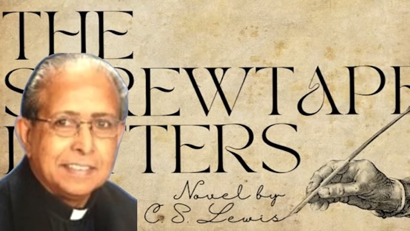 A portrait of a man in clerical attire beside the title of C.S. Lewis's novel 'The Screwtape Letters' with a pen illustration.