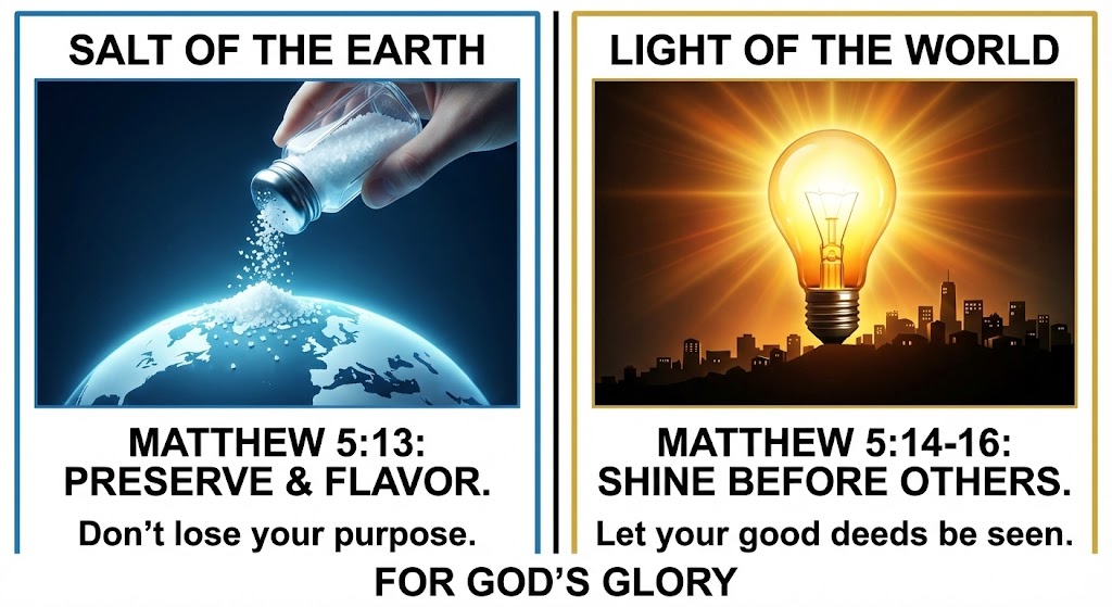 Left side: image of a hand pouring salt over a globe with the text 'SALT OF THE EARTH' and a reference to Matthew 5:13 encouraging preservation and flavor. Right side: image of a light bulb shining over a city skyline with the text 'LIGHT OF THE WORLD' and a reference to Matthew 5:14-16 encouraging good deeds to be visible.
