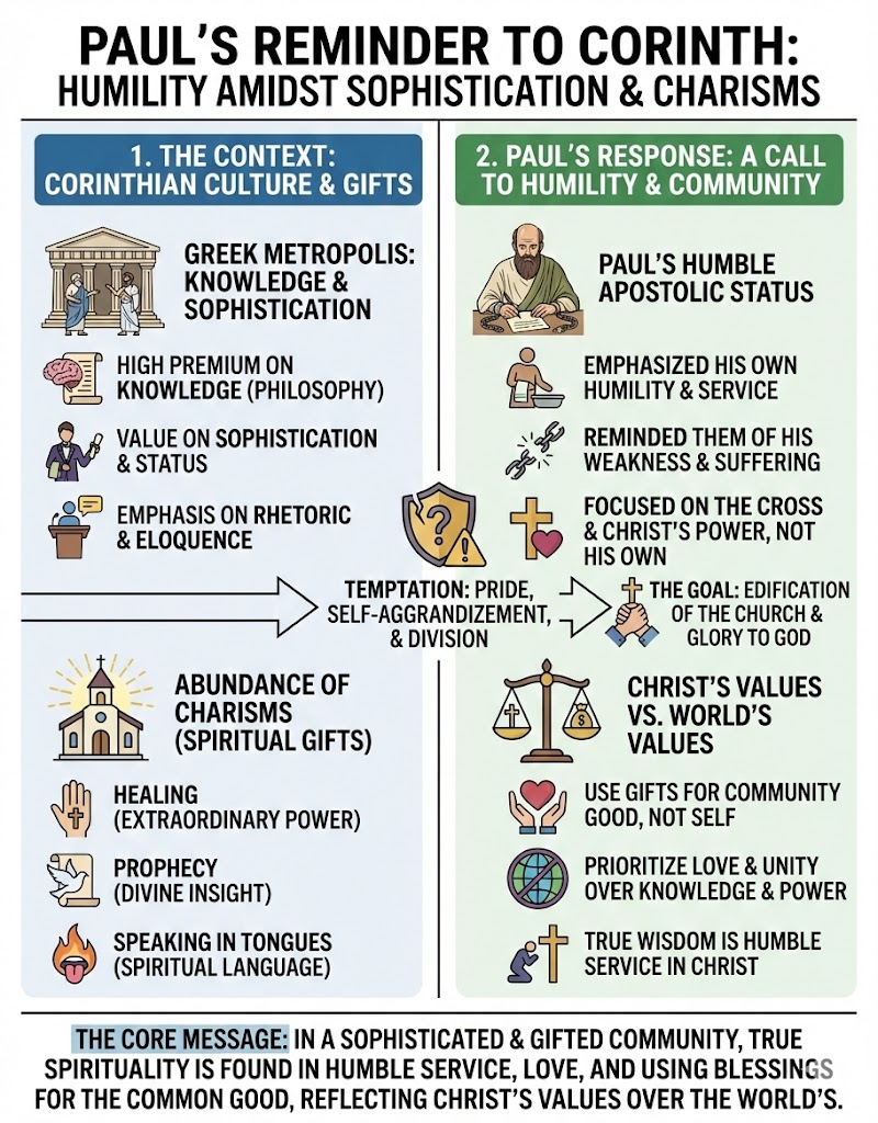 Infographic titled 'Paul's Reminder to Corinth: Humility Amidst Sophistication & Charisms', outlining Corinthian culture and spiritual gifts alongside Paul's call to humility and community.