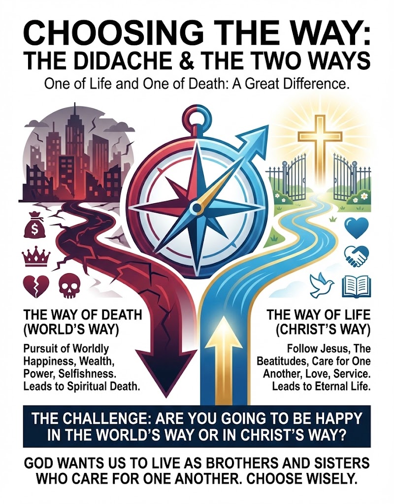 Infographic illustrating the concept of choosing between two paths: the Way of Death (pursuing worldly desires) and the Way of Life (following Christ). It features symbols like a compass, dollar sign, and cross, highlighting the consequences of each choice.