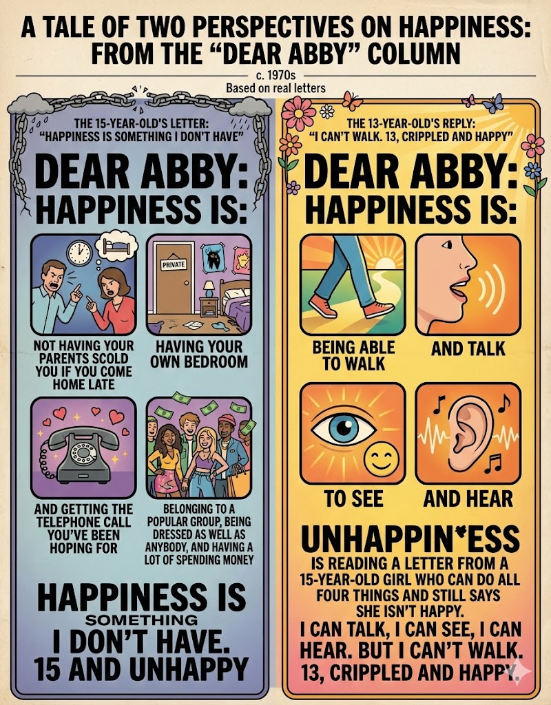 A humorous illustration contrasting two letters from a 'Dear Abby' column about happiness. On the left, a 15-year-old expresses unhappiness, listing desires like not being scolded by parents and wanting a bedroom. On the right, a 13-year-old girl, who is crippled, finds happiness in simple things like seeing and hearing despite physical limitations.