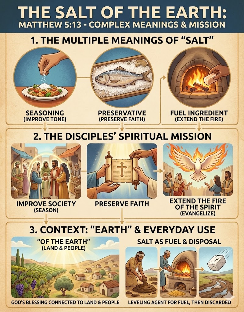 Infographic titled 'The Salt of the Earth: Matthew 5:13 - Complex Meanings & Mission' illustrating the various meanings of 'salt' in spiritual and everyday contexts.