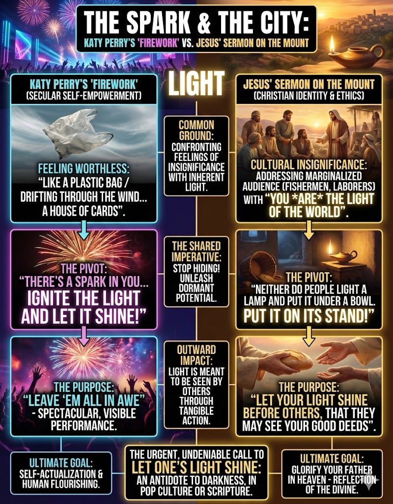 Infographic comparing Katy Perry's 'Firework' with Jesus' Sermon on the Mount, highlighting themes of self-empowerment and spiritual identity. Concepts include feeling worthless, igniting inner light, and the importance of visible impact in the community.