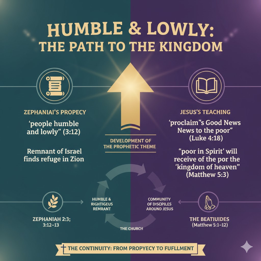 Infographic titled 'Humble & Lowly: The Path to the Kingdom' illustrating the development of prophetic themes from Zephaniah's prophecy to Jesus's teachings, emphasizing humility and righteousness. It highlights key biblical references and the concept of a community of disciples around Jesus.