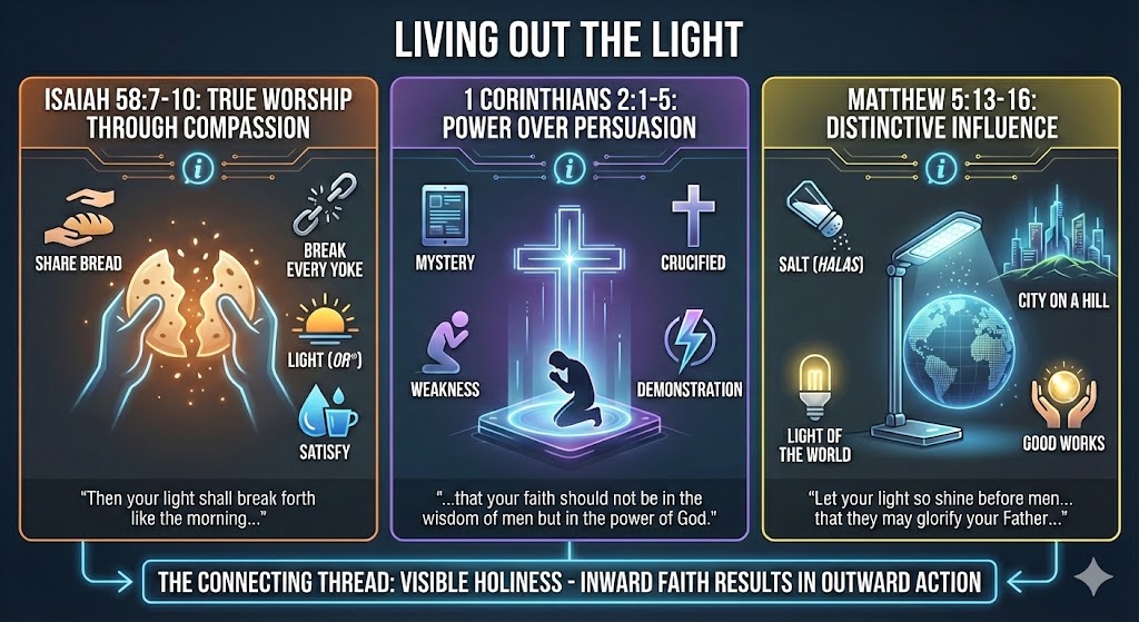 Infographic titled 'Living Out the Light' featuring three sections: Isaiah 58:7-10 on true worship through compassion, 1 Corinthians 2:1-5 about power over persuasion, and Matthew 5:13-16 highlighting distinctive influence.