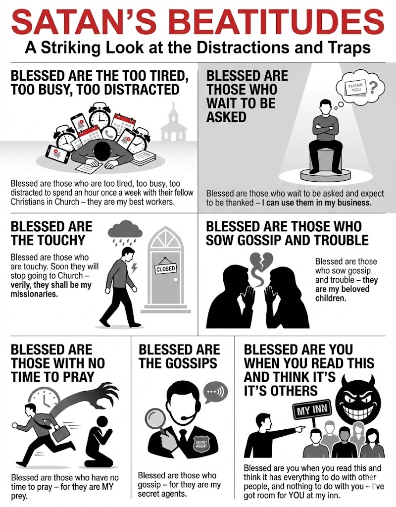 An infographic titled 'Satan's Beatitudes' highlighting various distractions and traps. It features six statements with illustrations: 1) Those too tired, busy, or distracted to attend church. 2) People who wait to be asked for help. 3) Those who spread gossip and trouble. 4) Individuals with no time to pray. 5) Gossipers who act as secret agents. 6) A message for readers who think the statements apply to others rather than themselves.