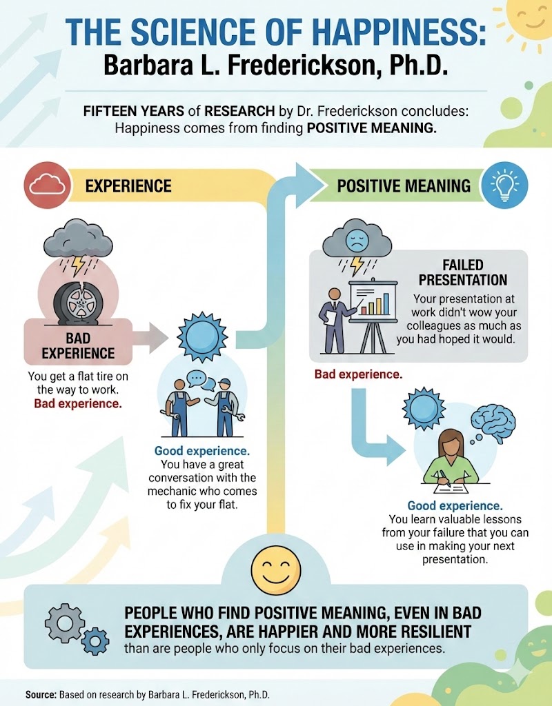 Infographic titled 'The Science of Happiness' by Barbara L. Frederickson, Ph.D., illustrating how experiences contribute to happiness through positive meaning.