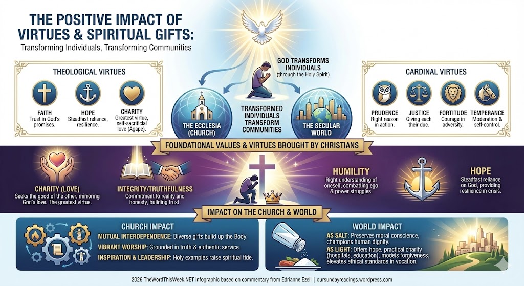 Infographic illustrating the positive impact of virtues and spiritual gifts on individuals and communities, featuring theological and cardinal virtues, such as faith, hope, charity, prudence, justice, fortitude, and temperance.