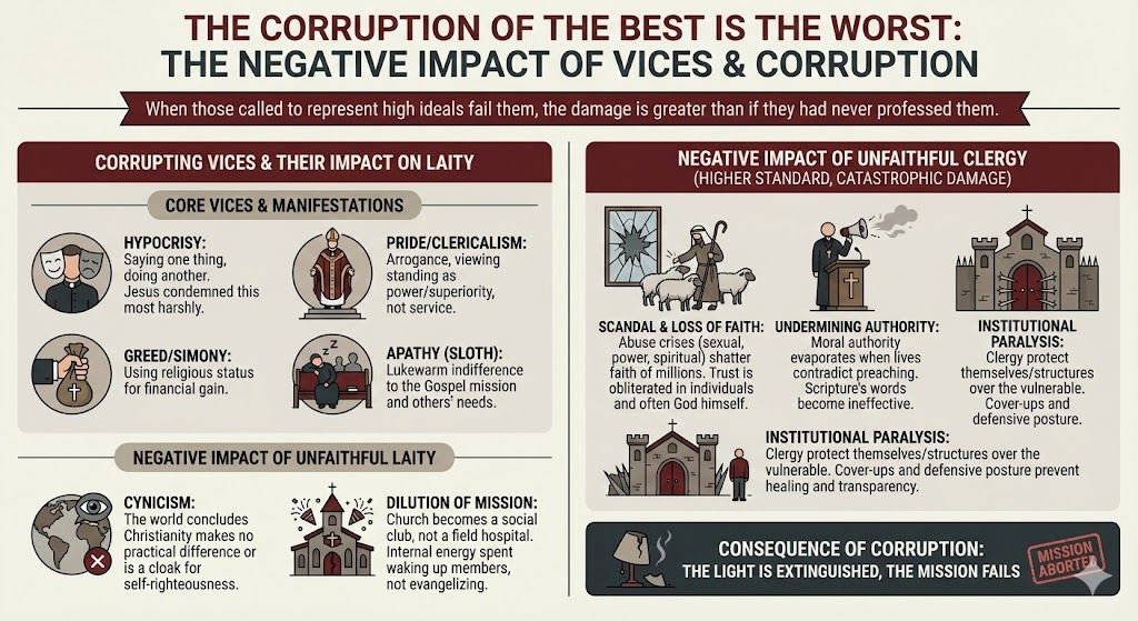 Infographic detailing the negative impact of vices and corruption in religious leadership, highlighting core vices like hypocrisy, pride, greed, and apathy, along with their effects on laity and the consequences of unfaithful clergy.