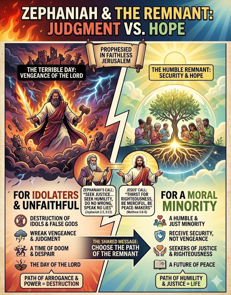 An infographic comparing themes of judgment and hope in the Book of Zephaniah, illustrating the contrast between idolatry and the moral minority.