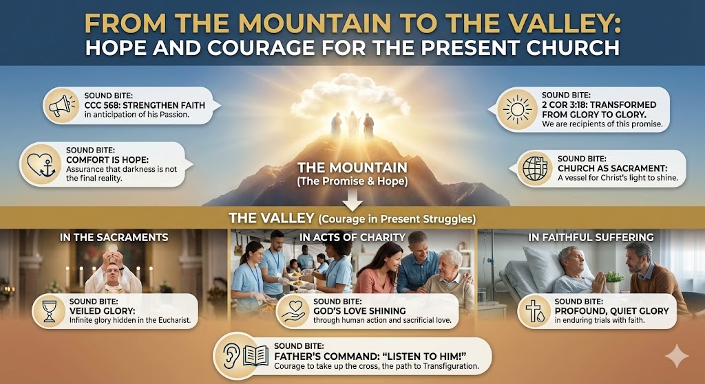 An infographic titled 'From the Mountain to the Valley: Hope and Courage for the Present Church' featuring sections on faith, hope, and struggles, with illustrations representing sacraments, acts of charity, and faithful suffering.