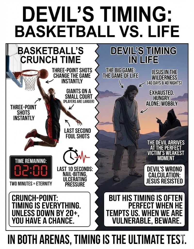 An infographic contrasting basketball's crunch time with life's challenges, illustrating key moments in both scenarios. It highlights crucial basketball strategies alongside themes of temptation and resilience in life, featuring a biblical reference to Jesus in the wilderness. Emphasizes the importance of timing in both contexts.