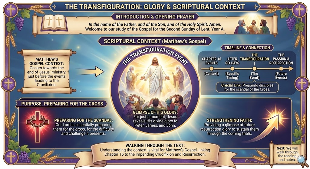 Infographic titled 'The Transfiguration: Glory & Scriptural Context', outlining the context of Matthew's Gospel, the purpose of the Transfiguration event, and its significance in preparing for the Cross. It includes sections on timeline connections and a prayer introduction.