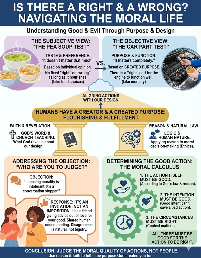 Infographic discussing morality through subjective and objective viewpoints, comparing personal taste with functionality.