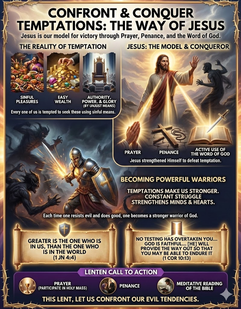 An infographic titled 'Confront & Conquer Temptations: The Way of Jesus', illustrating the reality of temptation and Jesus as a model for victory through prayer, penance, and scripture. It features images of sinful pleasures, easy wealth, and authority, alongside a depiction of Jesus and a warrior resisting temptation. The text emphasizes the importance of prayer and penance while encouraging individuals to confront their evil tendencies during Lent.