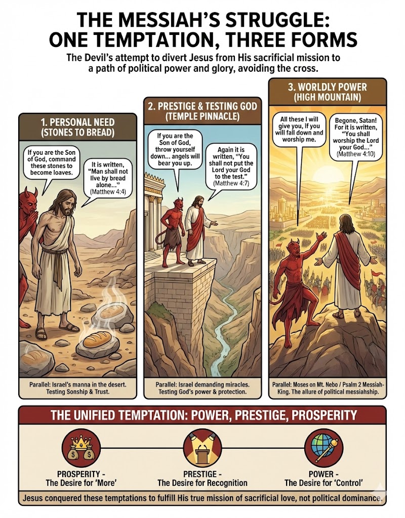 An illustrated infographic depicting the temptation of Jesus by the Devil, showcasing three scenarios: 1) turning stones into bread, 2) testing God from the temple pinnacle, and 3) the offer of worldly power from a high mountain. Each scenario includes biblical references and parallels to Israel's history, emphasizing themes of power, prestige, and prosperity.