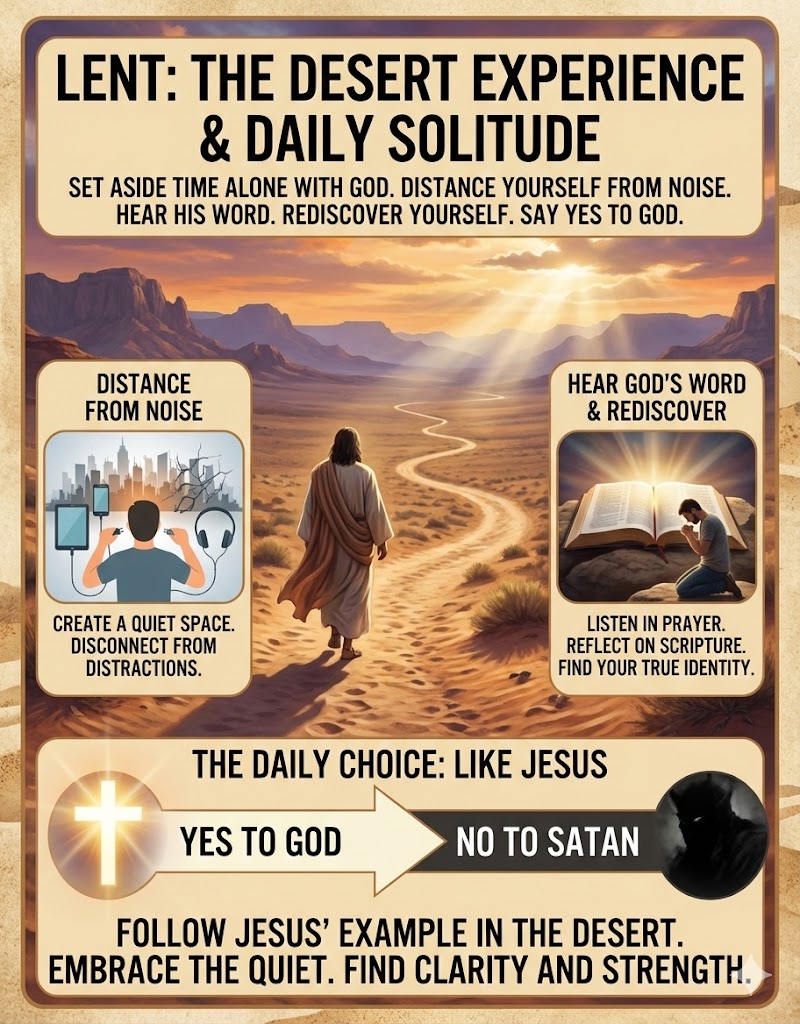An inspirational graphic about Lent and daily solitude, featuring a desert path, a figure in prayer, and symbols representing distance from distractions and choices between good and evil.