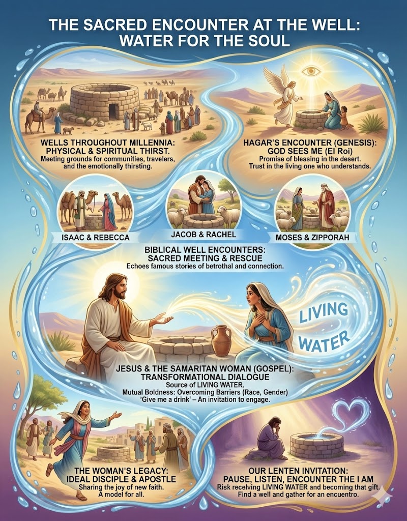 Infographic illustrating biblical stories related to wells as sacred meeting places, featuring characters like Isaac, Rebecca, Jacob, Rachel, Moses, Zipporah, Jesus, and the Samaritan woman, emphasizing themes of physical and spiritual thirst.