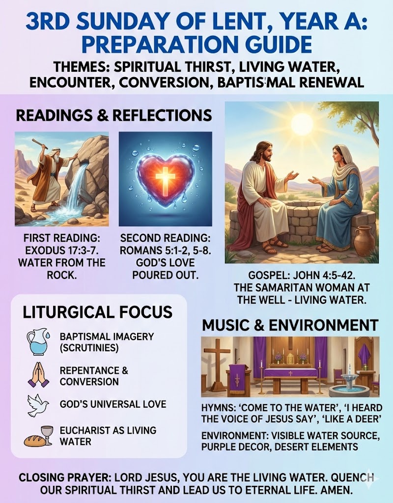 Preparation guide for the 3rd Sunday of Lent, Year A, highlighting themes of spiritual thirst, living water, encounter, conversion, and baptismal renewal.