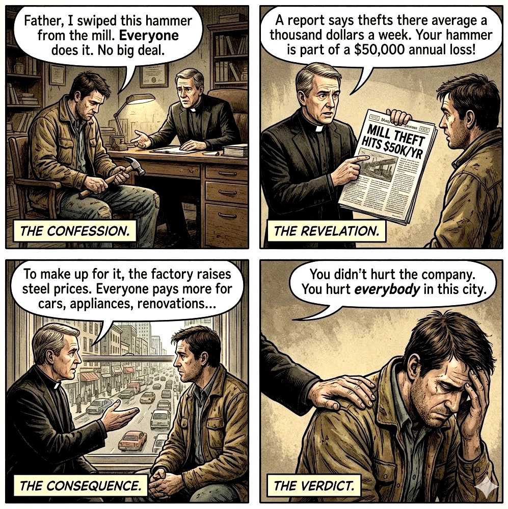A comic strip showing a conversation between a man and a priest in an office. The man confesses to taking a hammer from the mill, claiming everyone does it. The priest discusses the financial impact of theft on the community, emphasizing the broader consequences of his actions.
