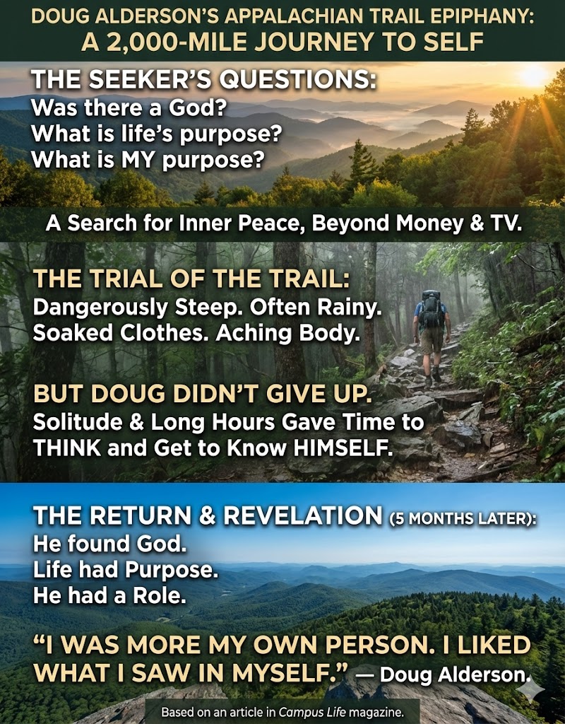 An infographic depicting Doug Alderson's journey on the Appalachian Trail, highlighting key themes such as self-discovery, spirituality, and personal growth.