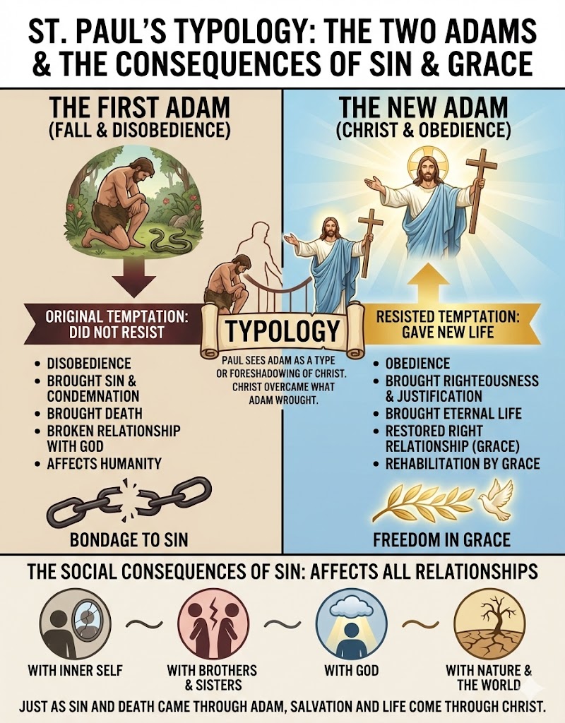 Infographic illustrating St. Paul's typology contrasting the First Adam (Fall and Disobedience) and the New Adam (Christ and Obedience), highlighting the consequences of sin and grace.