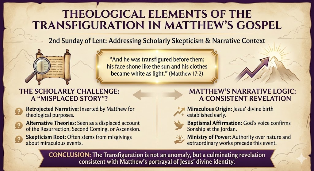 Infographic discussing the theological elements of the Transfiguration in Matthew's Gospel, highlighting scholarly challenges, narrative context, and conclusions regarding Jesus' divine identity.