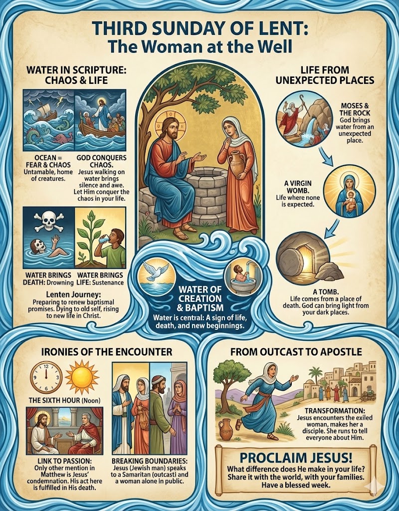 Illustration depicting the biblical story of the Woman at the Well for the Third Sunday of Lent, highlighting themes of water, chaos, and life. Central figures include Jesus and the Samaritan woman by a well, surrounded by various scriptural references and reflections on baptism, transformation, and proclamation.