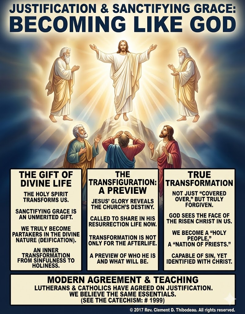 An illustrated depiction of Jesus with a radiant light, surrounded by three figures representing apostles, conveying themes of justification, sanctification, and transformation in Christian theology. The image includes informative text about divine life and modern agreement between Lutherans and Catholics.