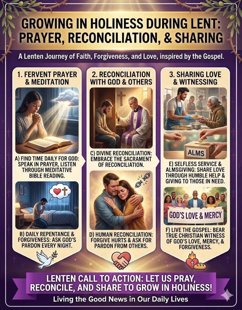 Infographic titled 'Growing in Holiness During Lent' outlining practices of prayer, reconciliation, and sharing love, emphasizing a journey of faith, forgiveness, and love.